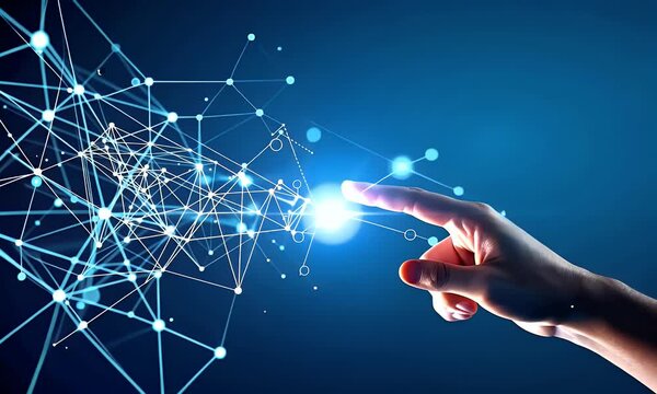 4K animation of fingers touching a glowing digital connection network, symbolizing digital transformation and next-generation technology, global innovation, and futuristic internet communication.