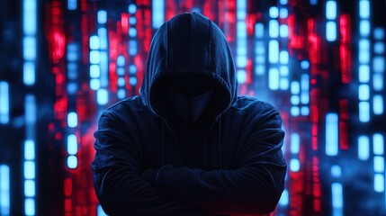 Intriguing Espionage: A Masked Figure in a Hoodie Stands Before a Dynamic Screen, Perfect for a Sports-Themed Interior Poster or Suspenseful Wall Art