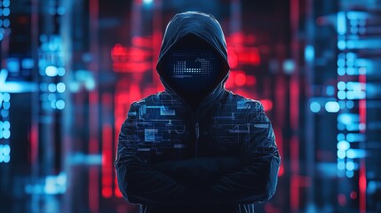 Intriguing Espionage: A Masked Figure in a Hoodie Stands Before a Dynamic Screen, Perfect for a Sports-Themed Interior Poster or Suspenseful Wall Art