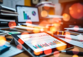 Fototapeta premium analysis with bokeh, emphasizing sparkling light orbs in bright colors, focusing on a tablet displaying statistical data amidst a cluttered workspace create with ai