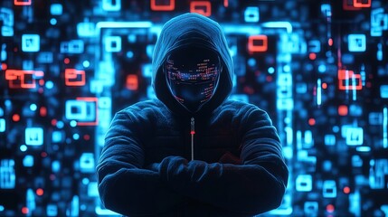 Intriguing Espionage: A Masked Figure in a Hoodie Stands Before a Dynamic Screen, Perfect for a Sports-Themed Interior Poster or Suspenseful Wall Art