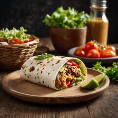 Delicious Classic Burrito with Fresh Ingredients assortment Served with some salad, Tasty delicious burrito wrap roll with meat, pepper, avocado, rice, beans