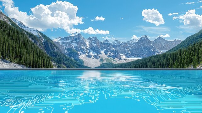 Mountains formed from computer chips rising in a natural landscape, uniting technology and earth