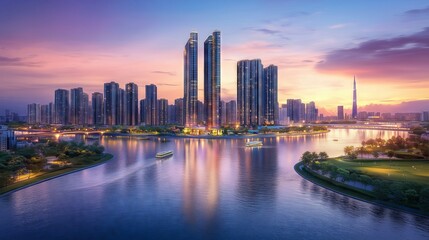 Fototapeta premium The city skyline at sunset features colorful skyscrapers, a serene river, and glowing LED bridges.
