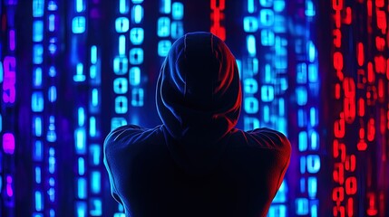 Intriguing Espionage: A Masked Figure in a Hoodie Stands Before a Dynamic Screen, Perfect for a Sports-Themed Interior Poster or Suspenseful Wall Art