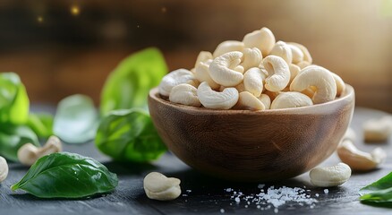 There is a bowl of cashew nuts on the table, some scattered around it and others in the background. Cashews have an attractive brown color and are very fresh and refreshing with a delicious saltiness 