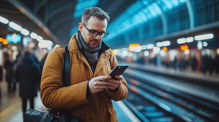 businessman checking his smartphone at a modern train station, navigating his commute with mobile connectivity, highlighting professional mobility and digital communication