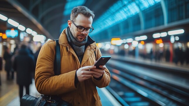 businessman checking his smartphone at a modern train station, navigating his commute with mobile connectivity, highlighting professional mobility and digital communication