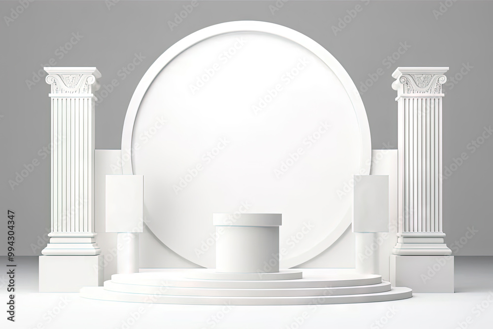 Poster pedestal in the room in white color with geometric shapes. podium for product showcase with geometri