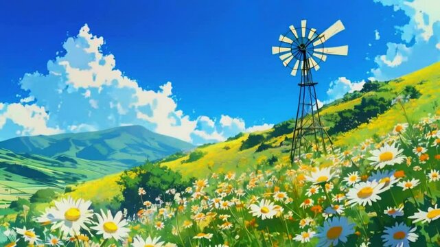 Windmill turning in Temblor Range, with Hillside Daisy and Fiddleneck in bloom, Manga Anime style 4K High-Quality Lofi Animation Video