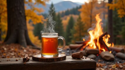 Steaming cider by fiery bonfire in autumn forest