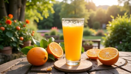 Naklejka premium Fresh orange juice on terrace overlooking lush garden in countryside Morning sun vibrant greenery