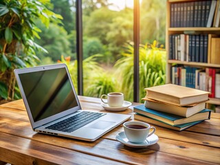 Fototapeta premium Learning a Foreign Language: Books, Notebooks, and a Laptop on a Wooden Desk with a Coffee Cup