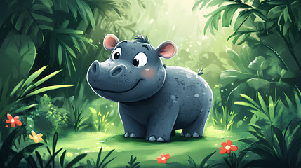 Naklejka premium Cute Cartoon Hippopotamus in Tropical Jungle