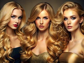 Naklejka premium Long Golden Blonde Hairstyles for Women Featuring Waves, Curls, and Straight Styles in Various Settings