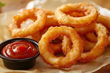 Crispy Golden-brown Onion Rings Served With A Side Of Ketchup, Presented On Parchment Paper, Food Photography, Food Menu Style Photo Image