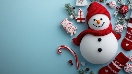 Fototapeta premium Cheerful snowman surrounded by festive decorations, candy canes, and holiday elements on a light blue background, background with copy space