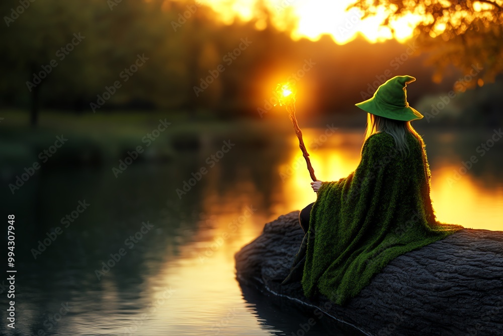Poster a witch dressed in a mossy green cloak, sitting on a large tree branch overlooking a tranquil river.