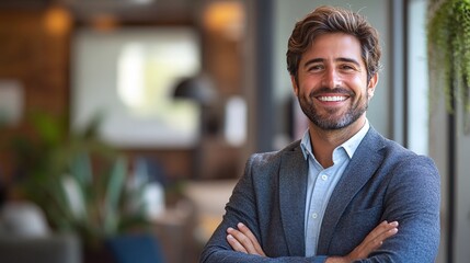 professional businessman standing confidently with a bright smile, arms crossed in a modern office, emphasizing leadership, success, and motivation in the workplace