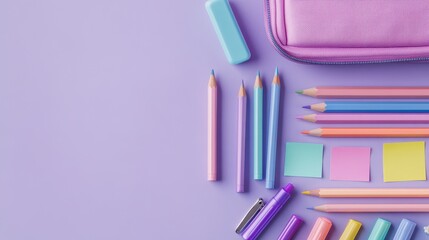 Obraz premium Colorful stationery items arranged on a purple background, perfect for creative projects and school supplies, background with copy space