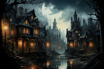 Fototapeta premium Gothic village at night, hauntingly beautiful, reflecting on water against a dark, eerie backdrop
