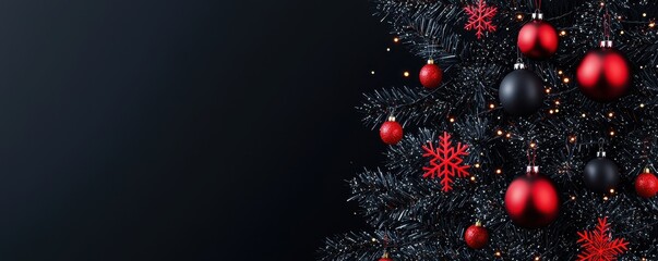 Christmas tree with red and black ornaments on a dark background.