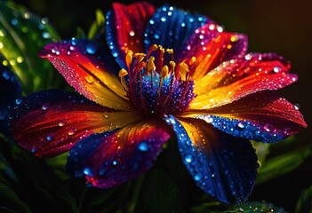 close colorful flower showered dew drops showcasing its intricate petals lush greenery vibrant detail, bloom, bouquet, botanical, delicate, environment