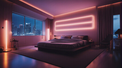 Fototapeta premium Comfortable modern bedroom with elegant decoration and lighting with neon light generated by AI