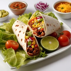 Delicious Classic Burrito with Fresh Ingredients assortment Served with some salad, Tasty delicious burrito wrap roll with meat, pepper, avocado, rice, beans
