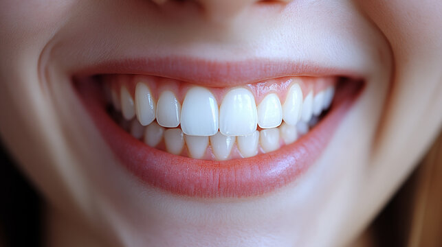 Close-up of bright white teeth, dental health and perfect smile concept