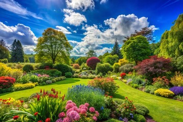 Lush Green Garden Landscape with Vibrant Flowers and Foliage Under Bright Blue Sky in Springtime