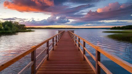 Obraz premium A picturesque wooden dock stretches into a serene body of water at sunset, surrounded by vibrant clouds reflecting hues of pink, orange, and purple. This tranquil scene captures the essence of nature