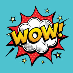 Obraz premium a pop art style graphic with a bright blue background. In the center, there is a large white cloud-like shape with a red burst behind it, resembling a comic book explosion. The word 