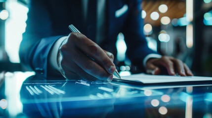 A businessman signing a contract at a modern office with bright lights during the day
