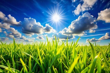 Fototapeta premium Lush Green Lawn Under Bright Blue Sky with Vibrant Sunshine and Fluffy White Clouds Above It