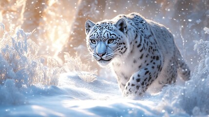 Obraz premium snow leopard roaming through a majestic winter wonderland, surrounded by the snowy mountains and serene wilderness, capturing the beauty and tranquility of nature and wildlife