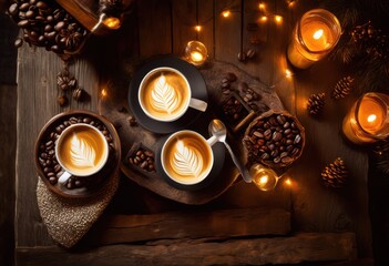 frothy coffee cups placed cozy rustic table natural wood elements warm ambient light, artisan, foam, wooden, brown, beverage, ambiance, vintage, decor