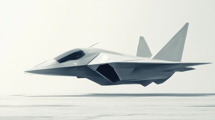 Abstract depiction of a fighter jet against a grey sky Futuristic aircraft design created using AI technology
