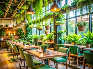 Obraz premium Lush Green Restaurant Interior with Plants, Natural Light, and Eco-Friendly Decor for Sustainable Dining