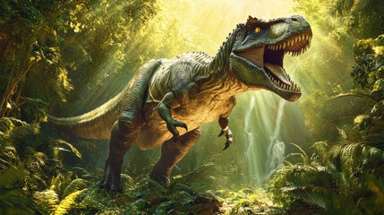 A photorealistic depiction of a fierce, large carnivorous dinosaur standing tall in a prehistoric jungle, vibrant green scales reflecting the dappled sunlight filtering throug