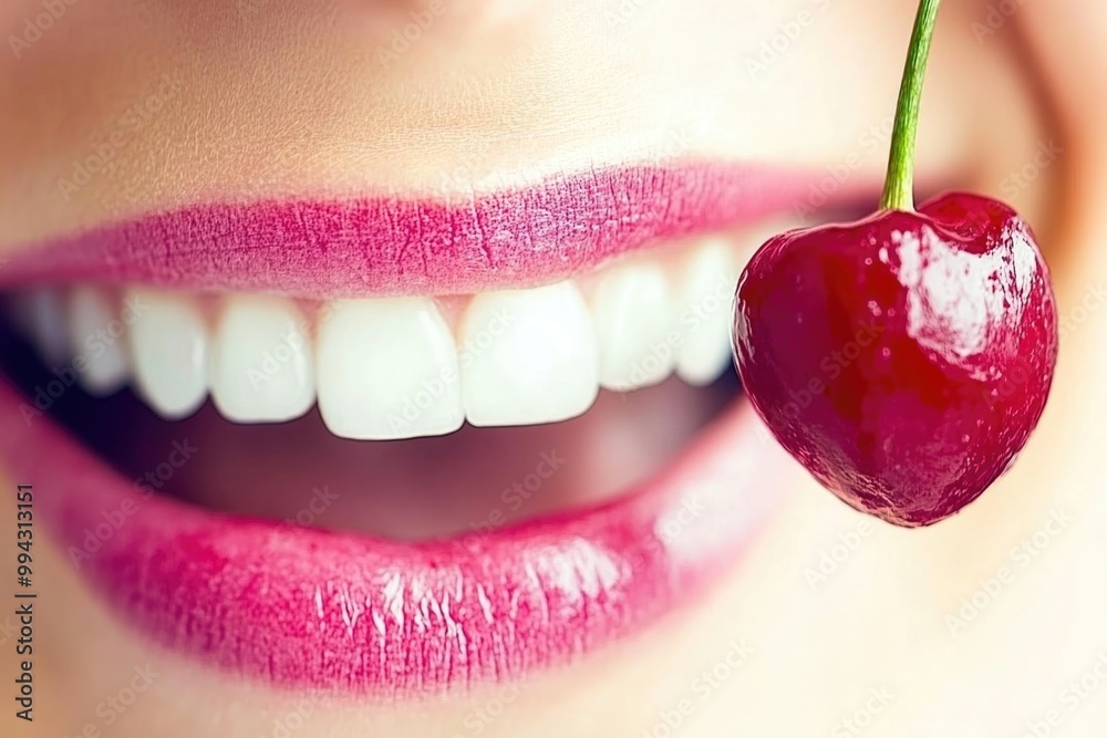 Wall mural close-up of smiling lips with cherry: freshness and beauty in vibrant colors