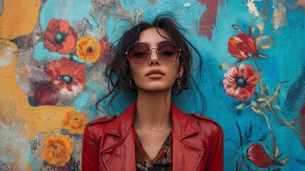 chic woman in trendy streetwear, standing amidst colorful graffiti and street art in an urban city...