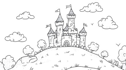 Fototapeta premium Magical Castle on a Hill with Flags and Towers