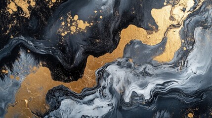 Obraz premium Abstract oil painting on canvas featuring gold black and gray paint spots and strokes created using advanced techniques