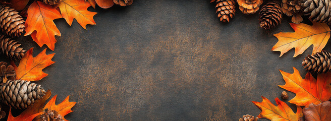 Colorful fall leaves, nuts and pine cones. Corner border over a rustic dark banner background. Overhead view with copy space.