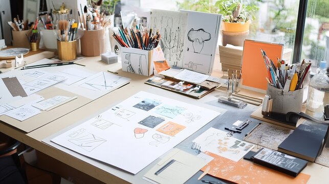 A branding design process, featuring sketches, digital designs, and mood boards on a creative workspace