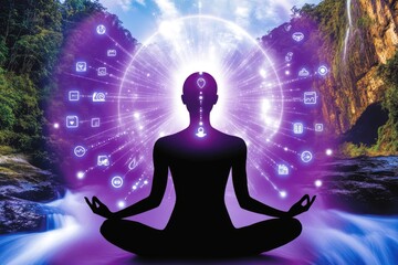 Meditative silhouette with digital aura in nature setting
