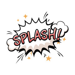 a comic-style graphic with the word "SPLASH!" in bold, red letters outlined in black. The text is surrounded by a jagged, starburst shape, resembling an explosion or splash effect