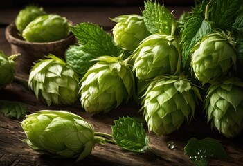 Obraz premium close vibrant fresh hops displayed rustic wooden table natural lighting, green, botanical, craft, beverage, agriculture, texture, background, aromas