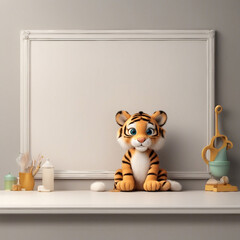 Cute baby tiger sitting in front of a blank board generated by AI
